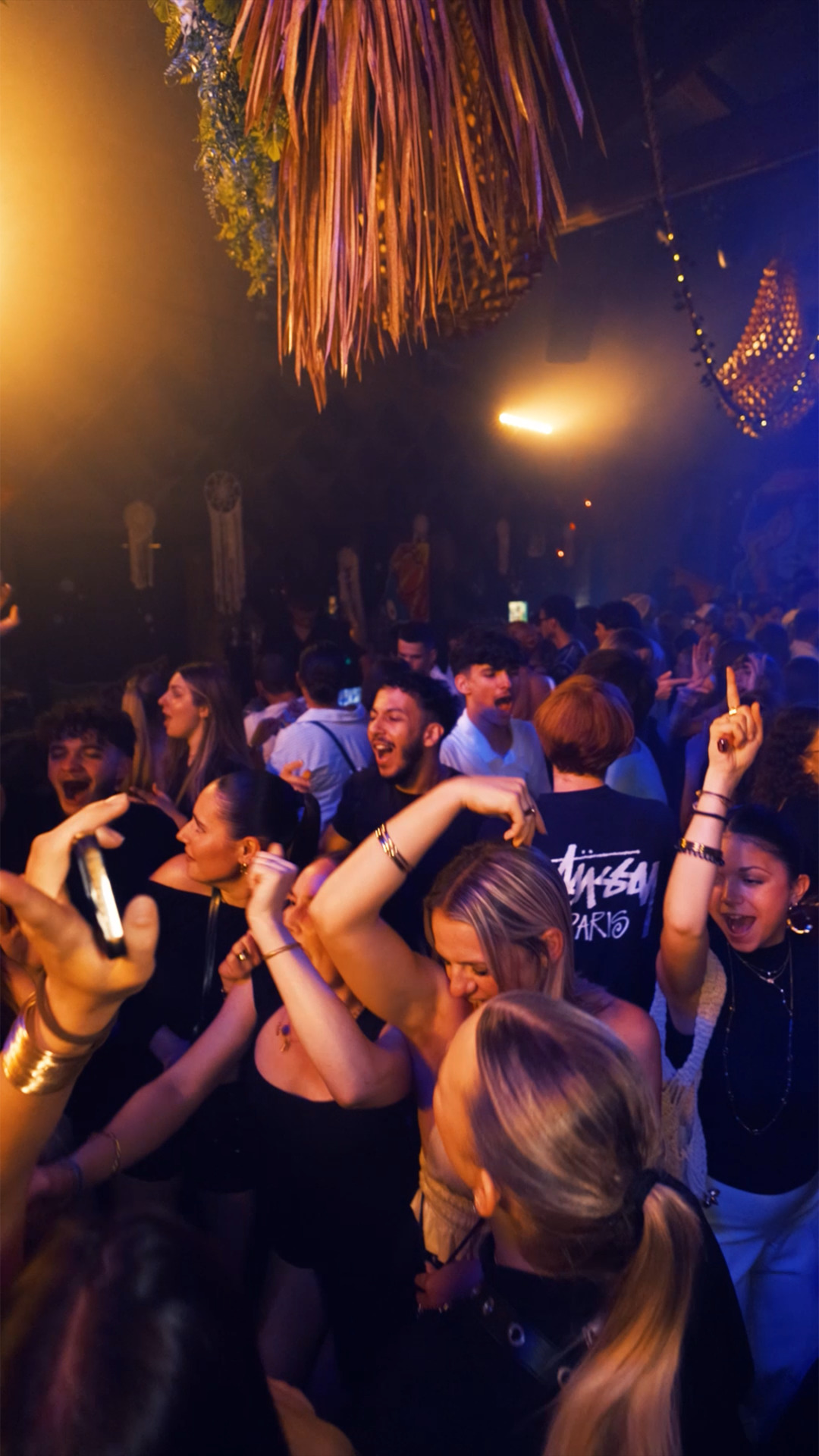 Foule dans une ambiance festive en club, les mains en l'air sous des lumières chaudes et une décoration tropicale.